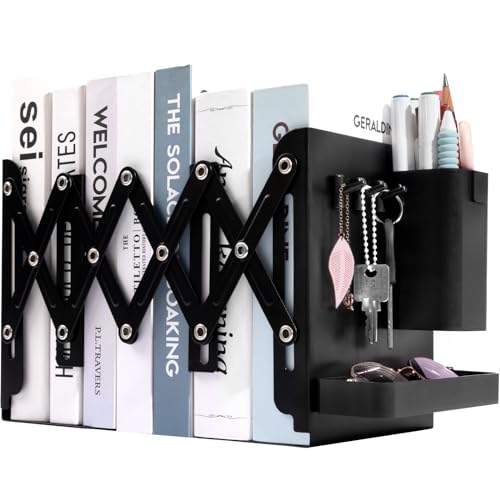 Adjustable Bookends, 19" Metal Book Ends for Heavy Books, 2 Dividers Bookends with Removable Pen Holder, Tray, and 3 Hook-up, Book Organizer for Office, School, Bookstore, Home - color: Black