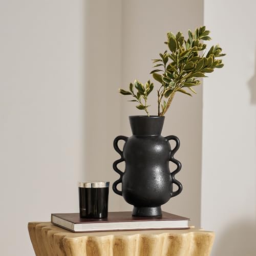 DN DECONATION Black Ceramic Vase Home Decor with Wave Handles, 10'' Tall Rustic Farmhouse Flower Vase for Table Centerpiece, Bookshelf, Living Room, Office, Modern Nordic Minimalist Decorative Vases
