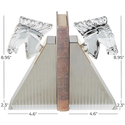 Deco 79 Glass Horse Decorative Bookends Head Non Skid Bookends with Pyramid Bases, Set of 2 Office Bookends 5", 9" H, Clear - size: 5", 9"H