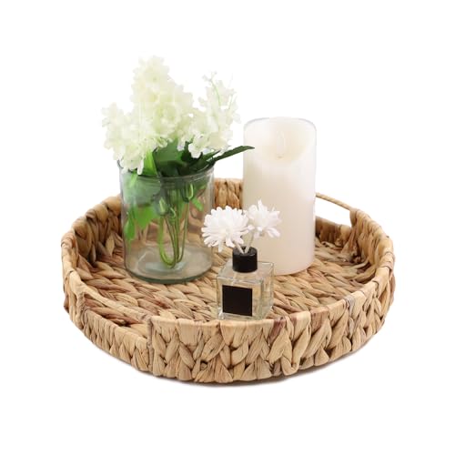 YRMT Water Hyacinth Serving Tray Round Woven Tray with Handles Boho Decorative Tray for Breakfast, Coffee, Table, Dining 13" x 13" x 2.3"