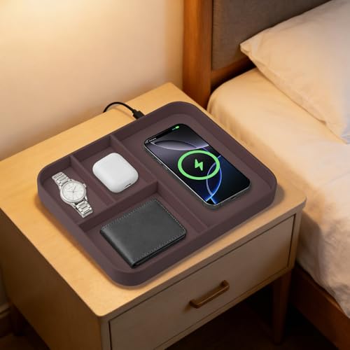 VOVIPO Faux Leather Valet Tray,with 2 in 1 Wireless Charging Compitable With iPhone/17/16/15/15 Plus/15 Pro/15 Pro Max/14/13/12/Wireless earphones,Office/Home Desk Organizers Tray-Brown - color: Brown