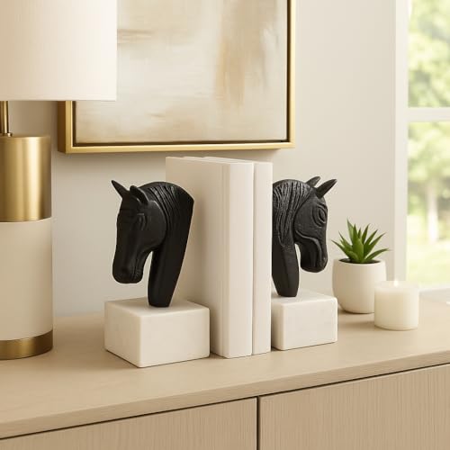 Bookends for Bookshelf Decor – Bold Metal Horse Head Bookends on Marble Base Perfect for Book Accessories – Decorative Bookends for Office, Desk Decor, or Home Library Set of 2 – 7" Black & White
