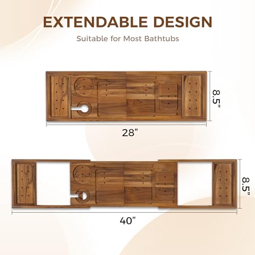 Teak Bathtub Tray - Luxury Bath Tray with Expandable Handles, Wine Glass and Phone Holders, Book Stand - Perfect for Home Spa Relaxation and Reading - Natural Bath Accessories - Light Walnut Color - color: Light Walnut-expandable