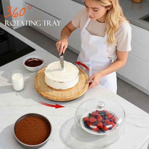 Masthome 11 IN Cake Stand with Lid, Bamboo Wood Rotating Cake Holder with Dome, BPA Free Cake Dish with Cover, Cake Plate with Cover for Birthday/Kitchen/Party/Weddings - color: Rotating Bamboo Cake Stand With Dome