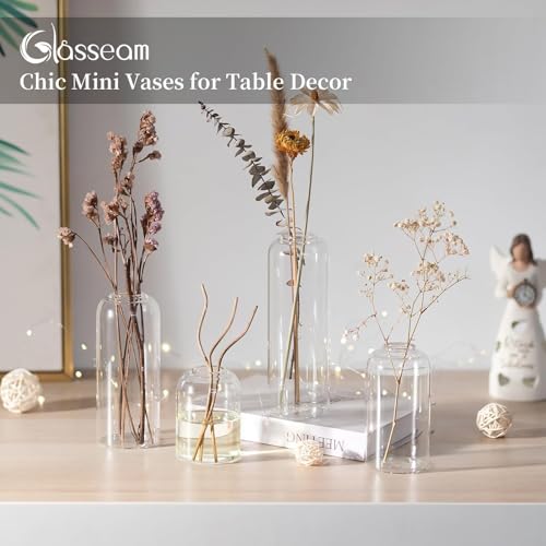Glasseam Glass Bud Vase for Centerpieces, 4pcs Small Flower Vase Set for Single Rose Bouquet, Modern Minimalis Clear Table Centerpieces for Home Decor Living Room Bathroom Kitchen Wedding Party