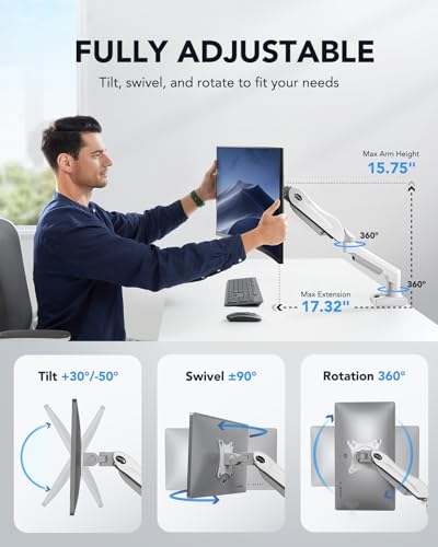 HUANUO Single Monitor Mount, 13 to 32 Inch Gas Spring Monitor Arm, Adjustable Stand, Vesa Mount with Clamp and Grommet Base - Fits 4.4 to 19.8lbs LCD Computer Monitors - color: White