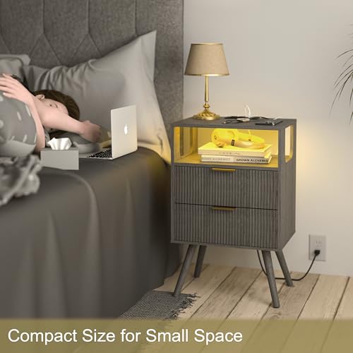 JOONEE Nightstand with Charging Station and LED Lights,Modern Bedside Table with 2 Storage Drawer and Open Wood Shelf, for Bedroom and Small Spaces,Night Stand with Solid Wood Legs,GreyOak - color: Greyoak