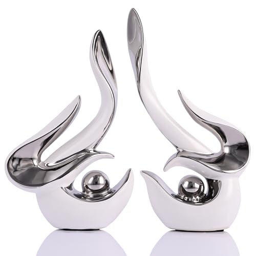 WUBIANJIE Mid Century Modern Abstract Art Home Decor Accent,Porcelain Statues for Living Room Coffee Table Centerpieces for Dining Room,Ceramic Sculptures and Gold Knick Knacks - color: White Silver