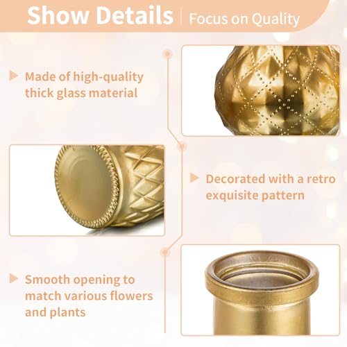 NUPTIO Gold Bud Vases for Flowers: Set of 4 Small Glass Flower Vase Bulk - Vintage Bottles for Wedding Centerpieces for Tables Decor Decorative Home Centerpiece Decorations