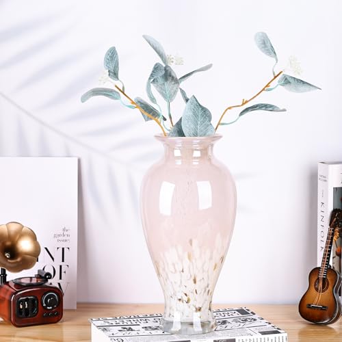 11.8" Tall Pink Glass Vase Beautiful Hand Blown Glass Vase Modern Art Home Decor, Wide Mouth Colorful Vases for Mantle Dining Table Centerpiece, Entryway Living Room Wedding Decoration - color: Pink