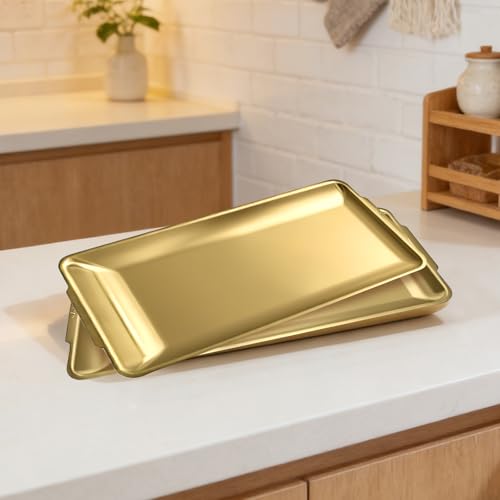 2Pcs 304 Stainless Steel Food Serving Trays, 12.6" Rectangular Gold Platters, Rectangle Versatile Organizer Serving Tray Platter for Kitchen Party Dining Buffet Gatherings Outdoor Events - color: Gold 2 Packs