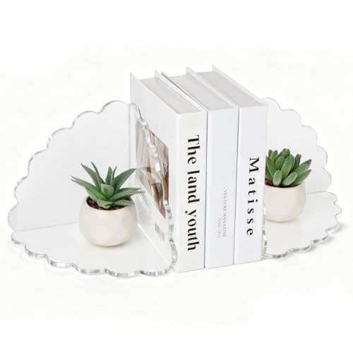 Scalloped Acrylic Bookends, 2 Pcs Heavy Duty Clear Book Holder Stands with Non-Slip Pads for Books, Files, CDs & Video Games, Modern Shelf & Desk Organizer - color: 2 Pcs