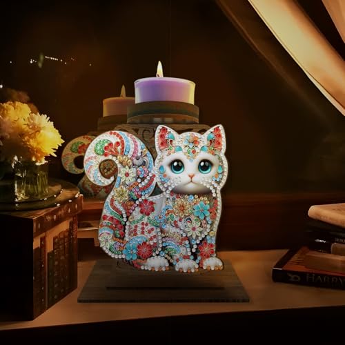 BAYUNOE DIY Candlestick Holders Wooden Desktop Diamond Art Painting Candle Holder Double-Sided Diamond Vintage Modern Decorative for Table Mantel Wedding Dinning Party-Flower Cat - color: Flower Cat