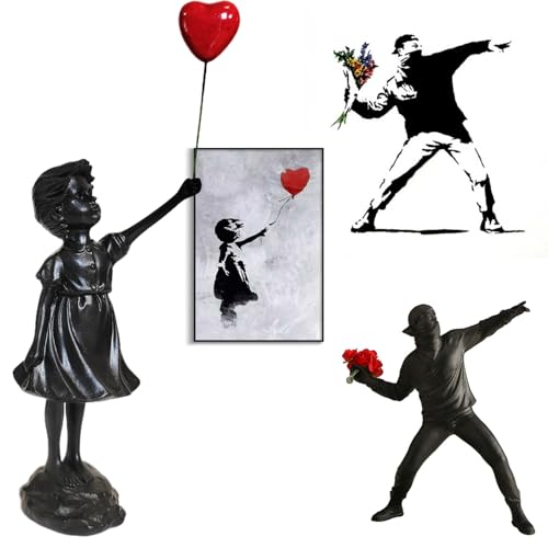Banksy Street Graffiti Art Statue,Love Balloon Girl Statue,Room Decor Statue,Resin Statue Ornaments,Living Room Dining Desk Decorations,Bookshelf Decorative Objects,Modern Home Decor(Black) - color: 1-love Balloon Girl-black
