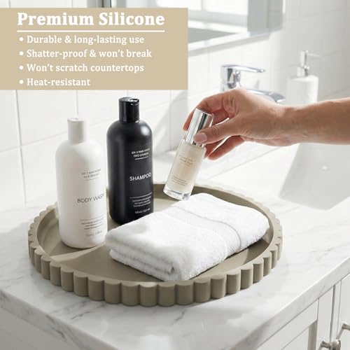 Silicone Bathroom Vanity Tray, Modern Round Decorative Tray for Countertop, Waterproof & Unbreakable Cosmetic Perfume Organizer, Extra-Thick & Sturdy, Easy to Clean Candle Tray (Khaki, 10 inch) - color: Khaki, size: 10"