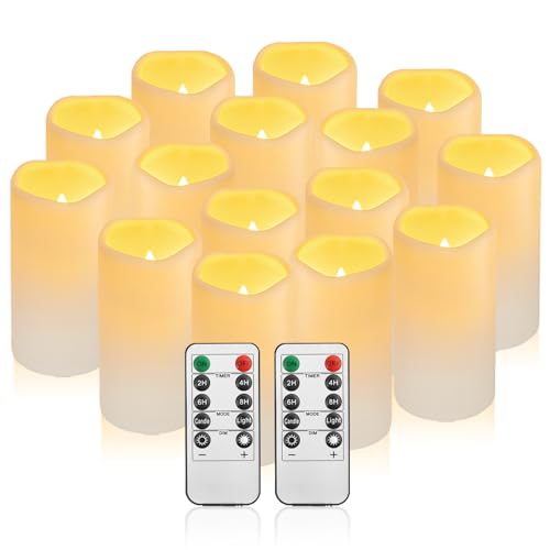 Waterpoof Flameless Remote Control Candles 15PACK D3''*H5.5''Battery Operated Flickering LED Pillar Candle,plastic with 10-Key 24Hours Timer for Outdoor/Indoor Home Party Garden Lanterns Porch (Ivory) - color: H07# Ivory 15pack Waterproof