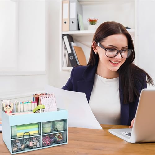 Meiikun Desk Organizer, Office Organizer with Drawer, Desk Accessories & Workspace Organizers, Pen Holder Office Supplies for Desk (4 Drawers+4 Compartments, Blue) - color: 4 Compartments + 4 Drawer (Blue)