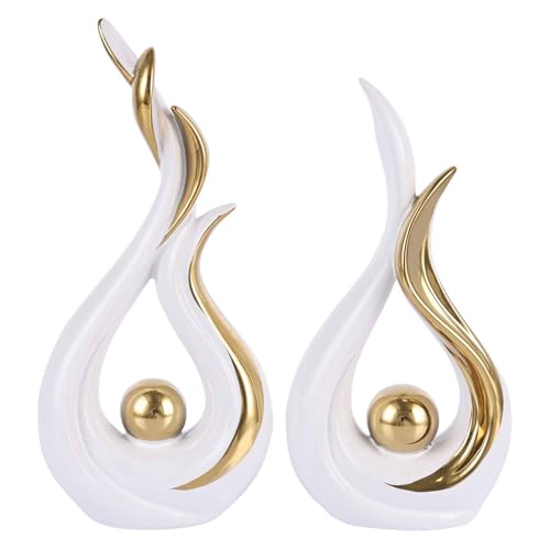 2PCS White and Gold Abstract Ceramic Sculptures – Modern Home Decor Accents and Centerpieces for Coffee Table, Shelf, Dining Room, Kitchen, Tv Stand, Entryway Or Desktop Display