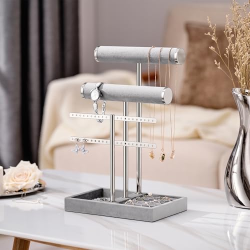 bussdis 3 Tier Bracelet Holder Display - Detachable T Bar Grey Velvet Bracelet Holder, Jewelry Holder Organizer for Bracelet, Necklace, Earrings, Rings - color: Grey, size: Standard