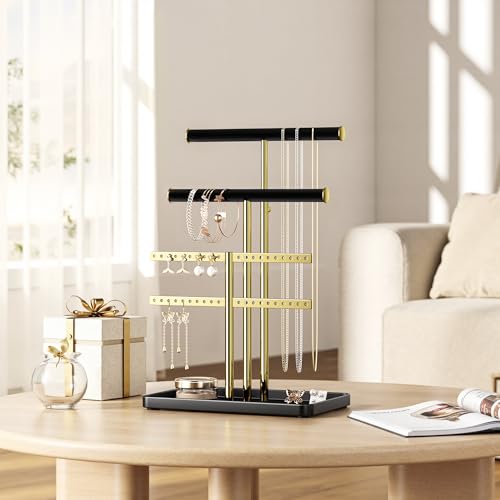pickpiff Jewelry Holder Organizer with Velvet, Adjustable 10"-17" Tall, Metal Stand for Display Bracelet, Necklace, Earrings, Rings, Black and Gold - color: Gold and Black