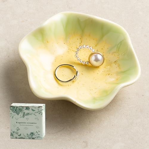Ceramic Trinket Dish for Jewelry, Lotus Leaf Shape Small Ring Dish Tray, Jewelry Dish Organizer for Necklace Earrings, Home Decor Gift for Mom Best Friend Sister (Sesame Gold) - color: Sesame Gold