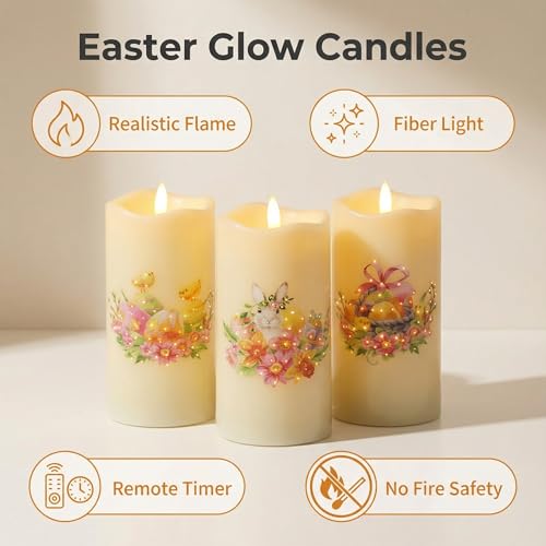Eywamage Fiber Optic Spring Flameless Candles with Remote, Flickering Easter LED Pillar Candles Battery Operated Set of 3 - color: Easter
