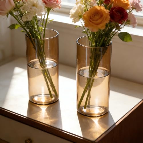 12pcs Amber Glass Cylinder Vases for Centerpieces, Gold 6 Inch Clear Flower Vases for Wedding Decorations and Indoor Home Decor, Hurricane Candle Holder for Table Shelf, Party