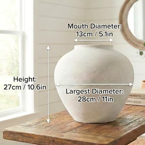 Large White Vase for Centerpieces - 11" Wide Textured Stone Look Metal Flower Vase for Table Decor - Rustic Farmhouse Vases for Living Room Dining Room Home Decor - color: White Large Brushed