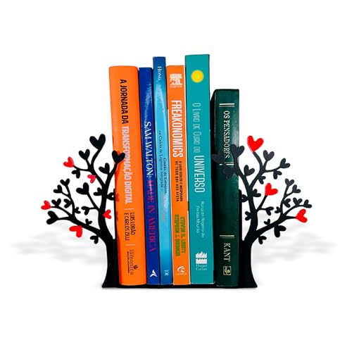Tree Bookends with Heart-Shaped Leaves - Steel with Epoxy Coating and Wood Base - Decorative Pair of Book Holders for Shelves and Desk - Black with Red Accents – Geguton - color: Flower-heart Tree - Red and Black