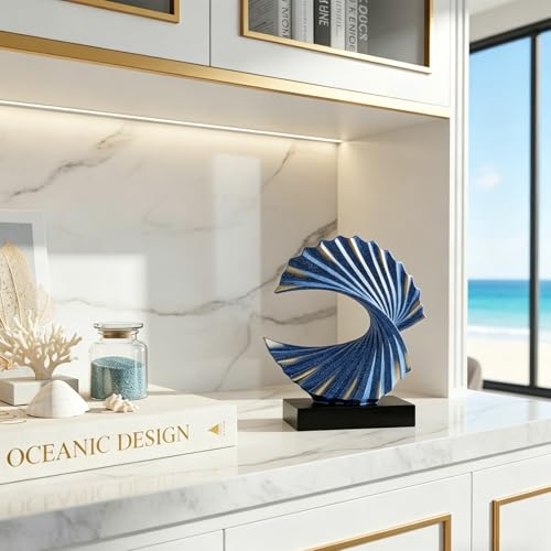 Blue Gold Wave Sculpture, Modern Ocean Wave Home Accents, Resin Art Statue for Shelf, Coffee Table, TV Stand Adornos Modernos - color: Blue