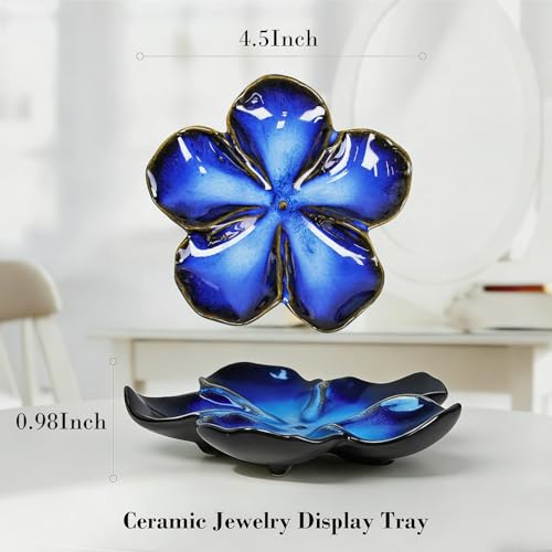 SEEDUSTRY Ceramic Jewelry Tray, Petal Ring Dish, Small Ceramic Jewelry Trinket Holder, Desktop Decoration, Dainty‌ Plate for Rings, Earrings, Necklace, Gifts for Mother Girlfriend Daughter Sister - color: Ink Blue