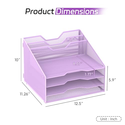 Desk File Organizer, Paper Organizer with 4 Letter Trays and 2 Vertical Upright Sections, Desk Organizers and Accessories for Office, School, Home (Purple) - color: Purple
