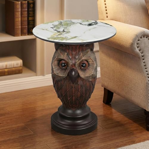 Owl Side Table, Round End Table with Faux Marble Top, Resin Owl Statue Base, Unique Animal Accent Table for Living Room, Bedroom, Nursery, Rustic Brown 22.83“ Tall 17.17" Height - style: OWL Table