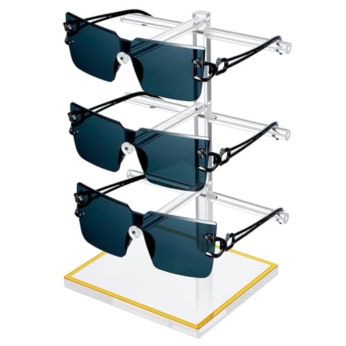 3-Tier Acrylic Sunglasses Display Stand, Gold Trimmed Eyeglasses Stands, Luxury Clear Vertical Glasses Holder for 3 Pairs Frames, Dresser Office Countertop Retail Boutique Counter Display - size: 1PC(3-TIER)