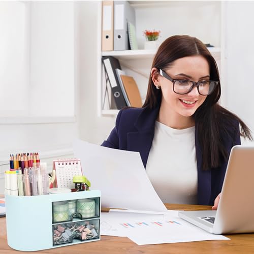 Meiikun Desk Organizer with Drawer, Pen Organizer for Desk, Small Pencil Holder, Desk Organizers and Accessories for Office Home Storage (2 Drawers+4 Compartments, Blue) - color: 4 Compartments + 2 Drawer (Blue)