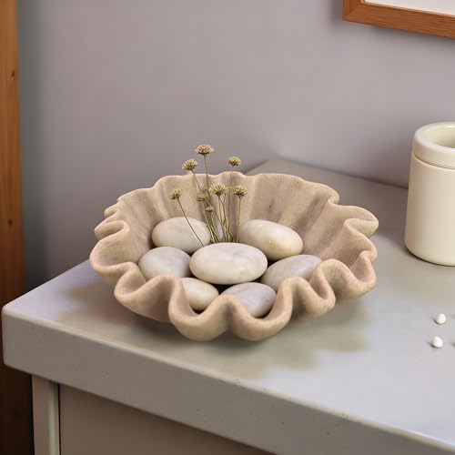 10" Large Handmade Decorative Bowl decor , Handicraft Scalloped Bowls for Modern Home Decor,Ruffle Decor,Key Bowl for Entry Table,Decorative Fruit Bowl for Kitchen Counter,Artificial Stone Beige - color: Beige, size: 10inch