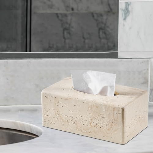 Natural Travertine Textures Tissue Box Cover Rectangular (Only Suitable for Standard Sized Tissue Box) for Decor,Resin Tissue Box for Bathroom Countertop,Bedside,Office（Made of Resin, Height of 4 in - color: Yellow Stone L
