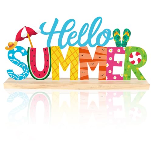 COCHIE Metal Hello Summer Sign, Summer Decorations for Home, Office, Shelf, Mantel, Indoor, Beach Slippers Tabletop Centerpiece Decoration, Watermelon Red Decor (Beach) - style: Beach