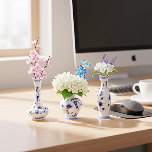 LoveCat Chinese Ceramic Vase Set - Small Blue and White Porcelain Vases, Fambe Glaze Porcelain Vases Set of 3, Classic Ceramic Flower Vases for Home Table,Bookshelf, Cupboard Décor - color: Light Blue