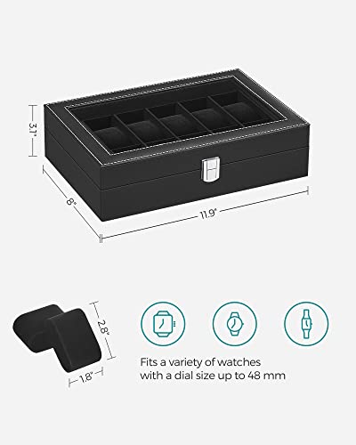 SONGMICS Watch Box, 12-Slot Watch Case Organizer with Large Glass Lid, Removable Pillows, Gift for Loved Ones, Black Synthetic Leather, Black Lining UJWB012B01 - color: Black + Black, size: 12 Slot