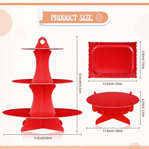 Zopeal 7 Pcs Dessert Table Display Set 3-Tier Cupcake Stand 1-Tier Cup Cake Display Tower Platters and Serving Trays Cardboard Cake Cookie Holders for Wedding Birthday Party Baby Shower(Red) - color: Red