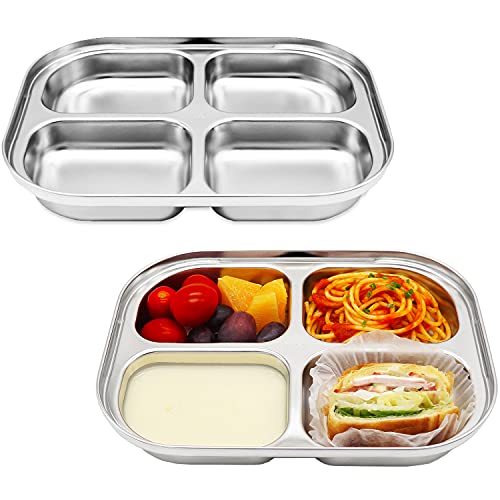 Korean Stainless Steel Divided Plates for Toddlers, Kids, Babies, Premium 304, Electro-Polished, No Black Residue, BPA-Free, 4-Compartment Food Tray, Camping, Balanced Meals, Set of 2 - size: 4 Compartments