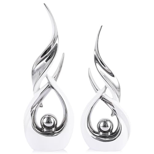 Gold Ceramic Abstract 2 Piece Statue Set,Mid Century Modern Abstract Art Home Decor Statue Mantelpiece on Unique Shelf Decor, TV Cabinet Divider Table top and Dining Table Centerpiece (White Silver) - color: White Silver