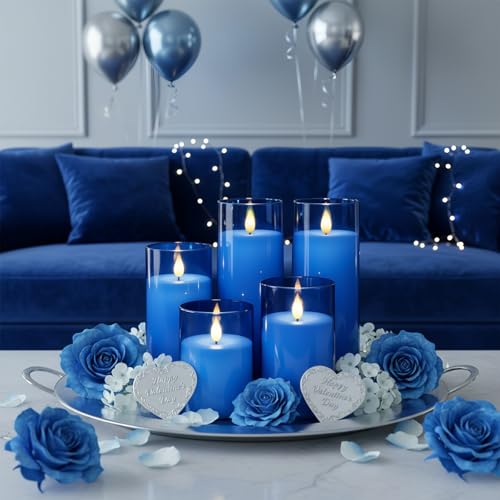 Homemory Blue Flickering Flameless Candles, Battery Operated Acrylic LED Pillar Candles with Remote Control and Timer, Blue Decor, Set of 5 - color: Blue