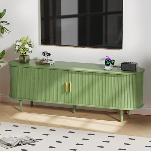 DHH 63 Inch Mid Century Modern TV Stand with Power Outlet for TVs up to 70 Inch, Entertainment Center with Storage and Adjustable Shelves, Media Console with Sliding Doors for Living Room(Green) - color: Green, size: 63 Inch