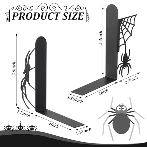 Geelin Creepy Spider Metal Bookends Set of 2 Styles Gothic Black Spider and Web Book Ends for Shelves Scary Home Office Desk Bookshelf Decor Gift for Book Lovers Reading Enthusiasts - style: Spider