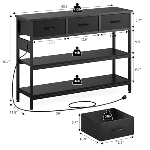 Lulive 2 Pack Entryway Table with Power Outlets, Console Table with 3 Fabric Drawers, Sofa Table for Living Room, Hallway, Couch, Foyer, Height Adjustable - color: Black, size: 2-Pack 43 inches