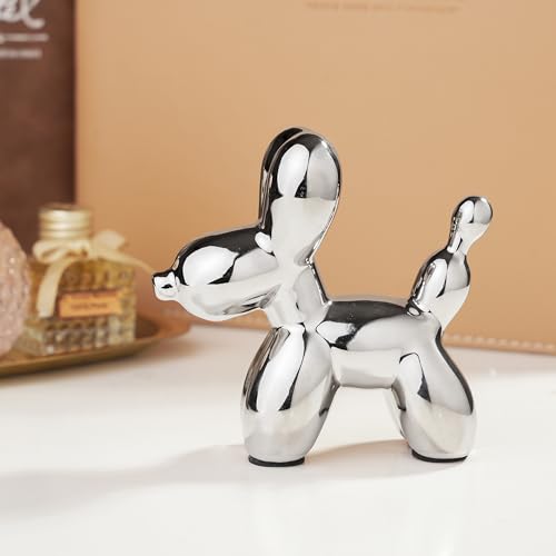 Small Balloon Dog Statue Decor, Modern Ceramic Animal Statues Decorative Ornaments for Living Room Bedroom Bookshelf Coffe Table and Office Display (Silver) - color: Silver