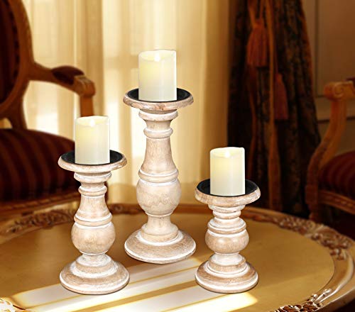 The Wooden Town White Wash Candle Holder Set of 3 – 10", 8", 6" Rustic Pillar Stands – Turned Wood Columns for Home Decor, Weddings, Spa, Parties – Country Farmhouse Style - color: White Wash, size: 6"+8"+10" - High