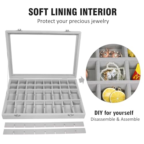 Vicoter Velvet Jewelry Tray 48 Compartments Jewelry Display Organizer with Transparent Cover Rings, Earrings, Necklaces, Pendants Storage Box for Girls, Wives, Mothers, Women - color: Grey, size: 48 Grid